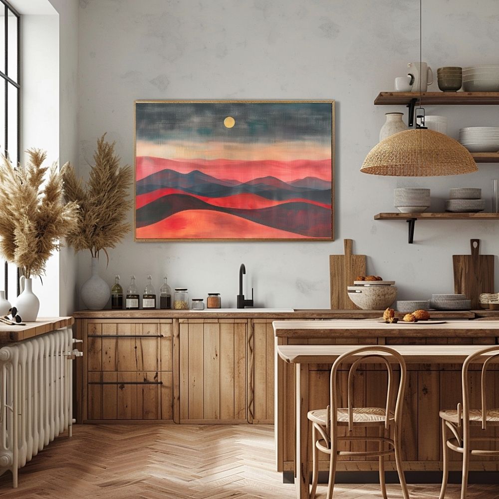 Poster wall art showing 'Desert Twilight Majesty – Dark Hues Landscape' in a kitchen