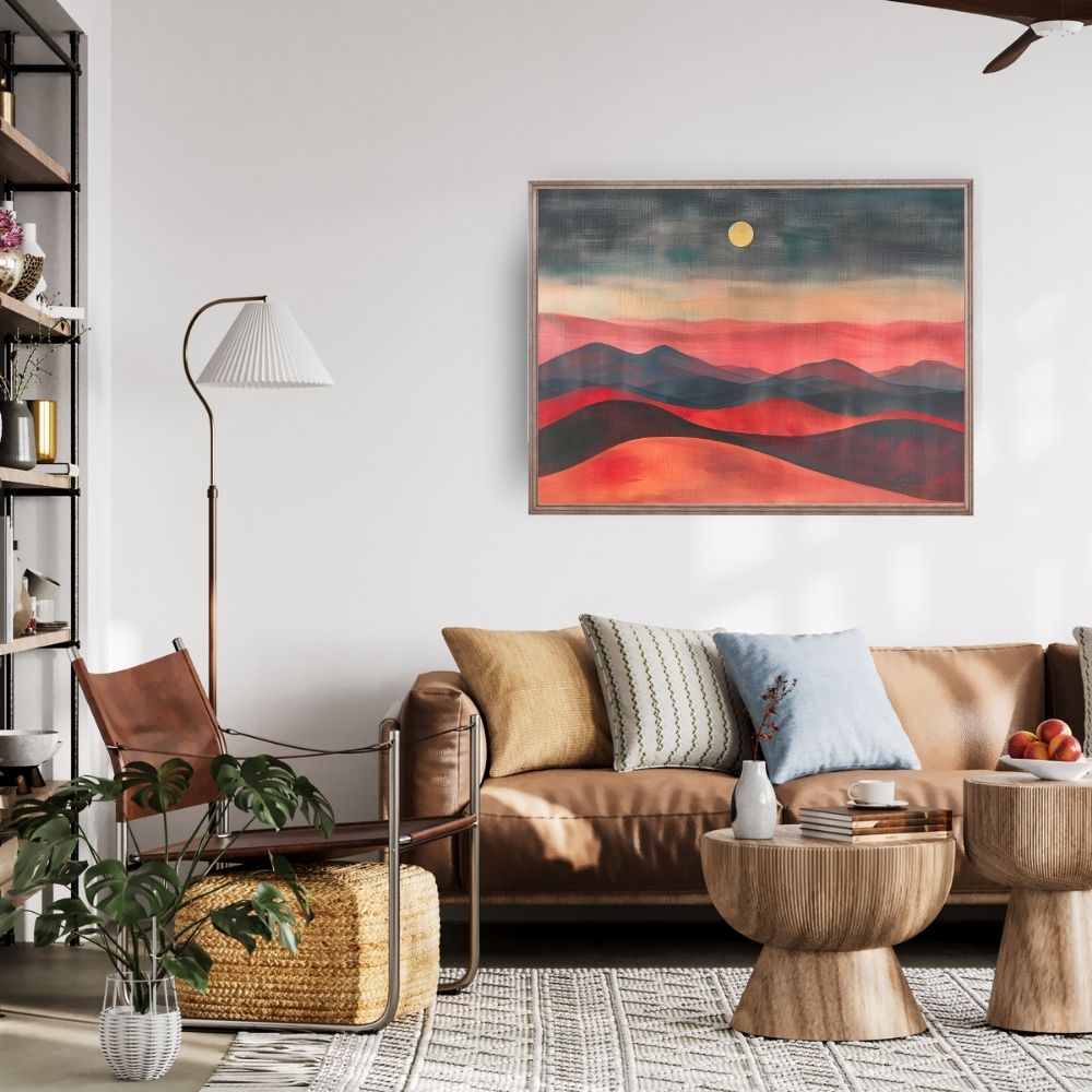 Poster wall art showing 'Desert Twilight Majesty – Dark Hues Landscape' in a living room