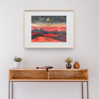 Poster wall art showing 'Desert Twilight Majesty – Dark Hues Landscape' in a hallway