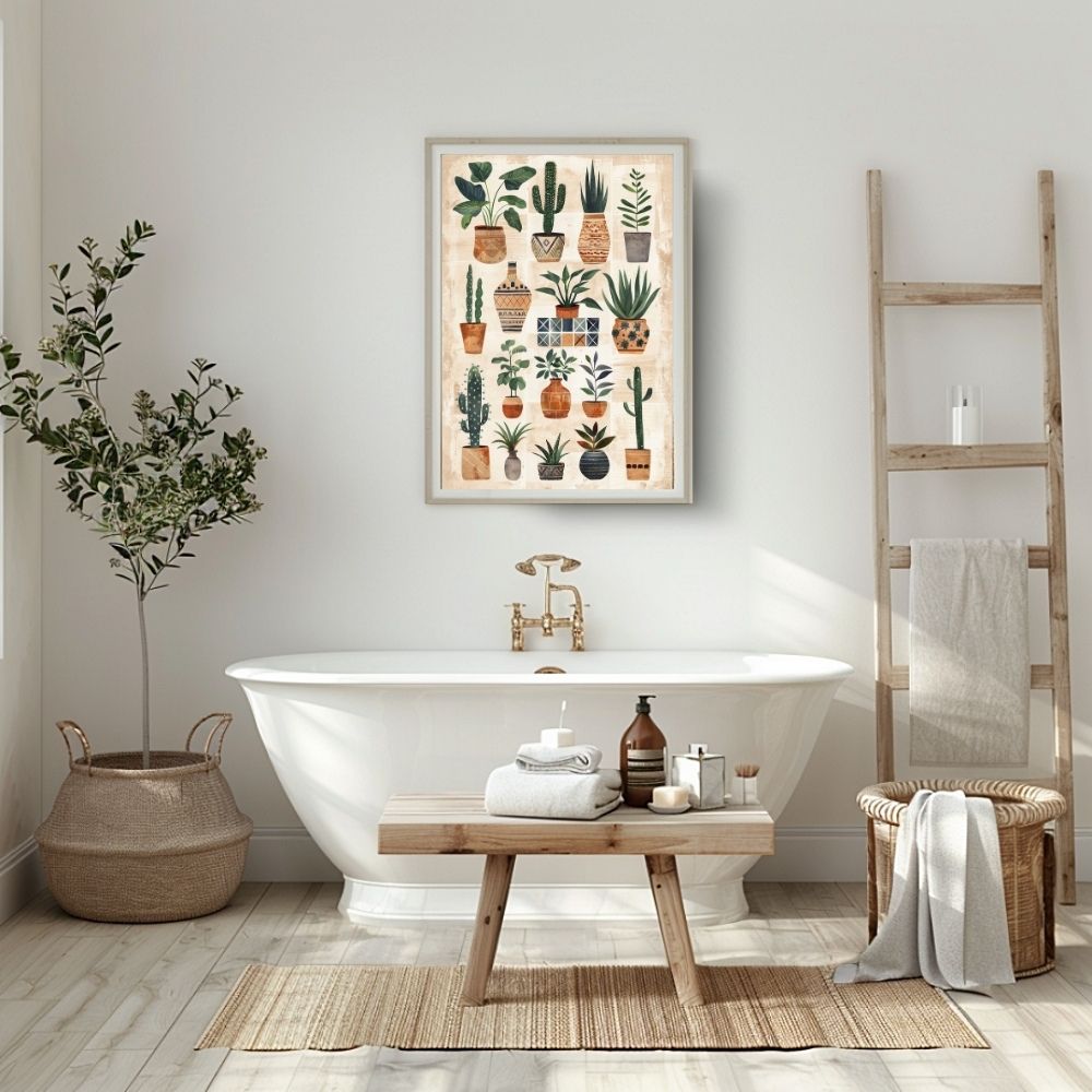 Poster wall art showing 'Earthy Escape – Boho Style Greenery' in a bathroom