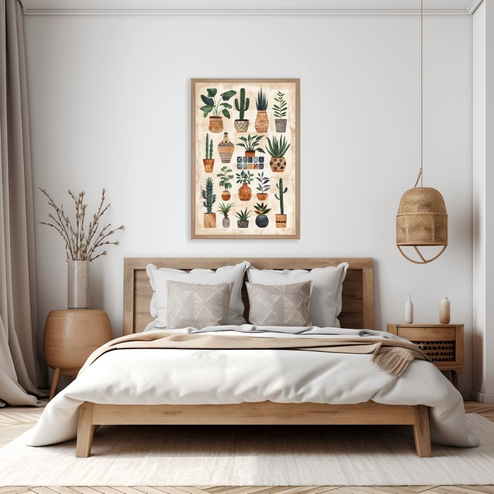 Poster wall art showing 'Earthy Escape – Boho Style Greenery' in a bedroom