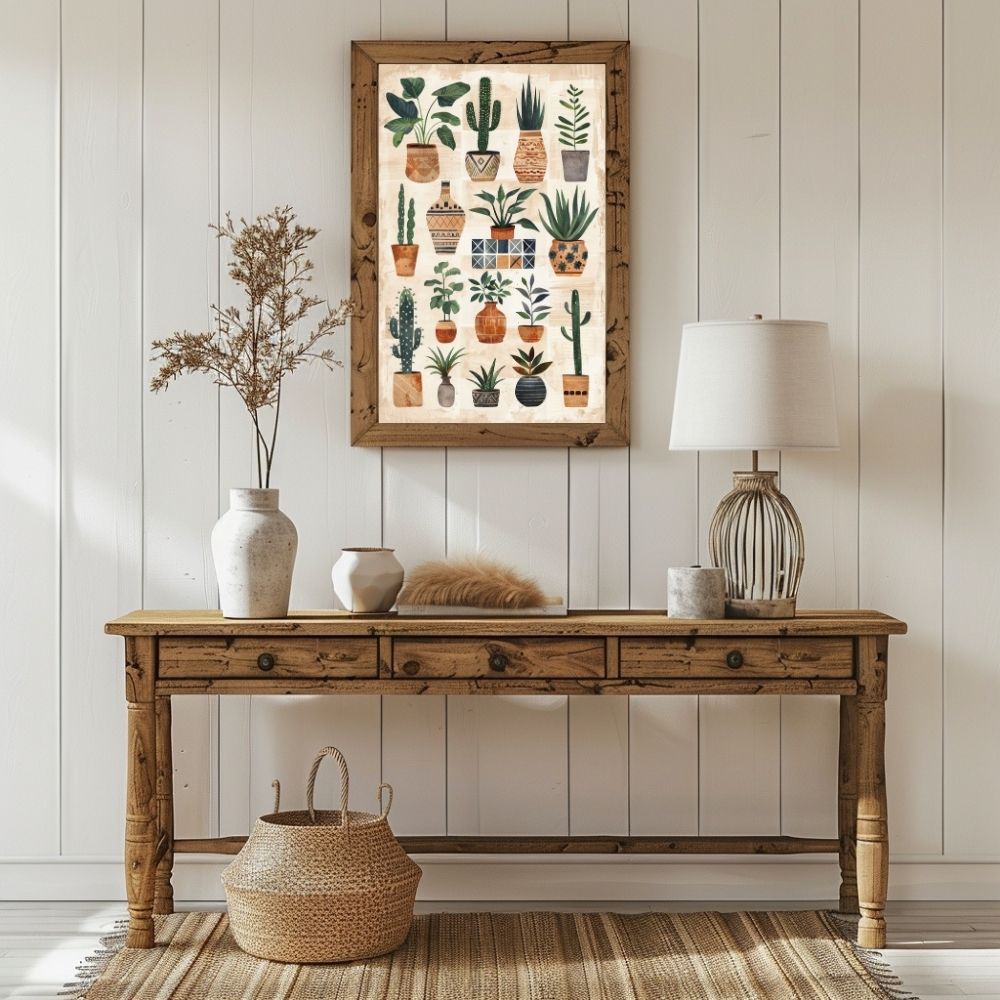 Poster wall art showing 'Earthy Escape – Boho Style Greenery' in a hallway