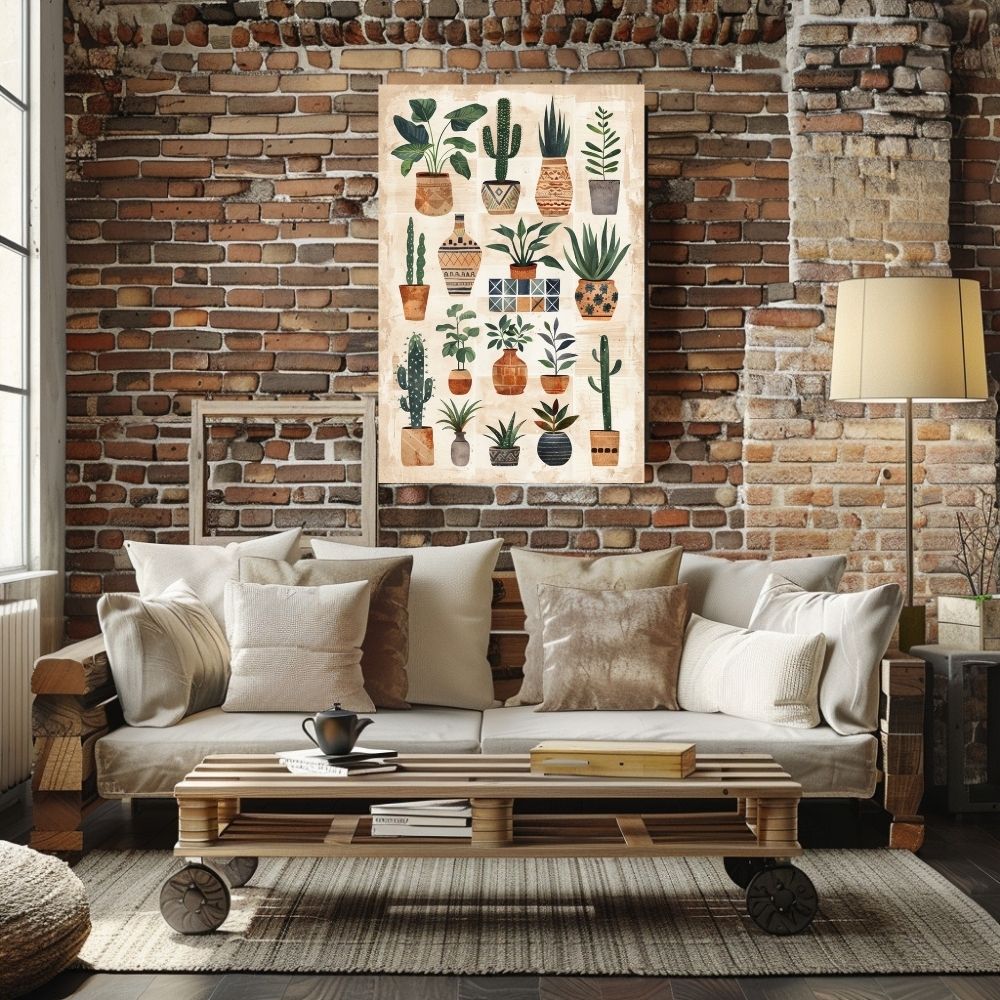 Poster wall art showing 'Earthy Escape – Boho Style Greenery' in a living room