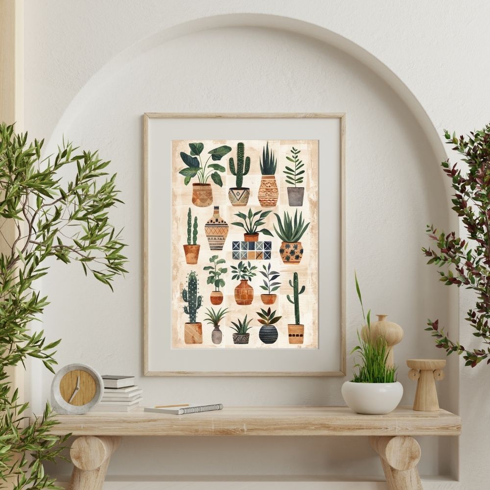 Poster wall art showing 'Earthy Escape – Boho Style Greenery' on a wall with plants