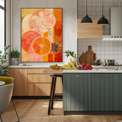 Poster wall art showing 'Eclectic Botanicals – Vivid Floral Pattern' in a kitchen