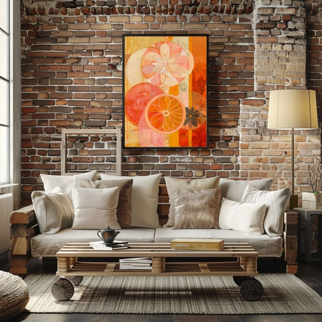 Poster wall art showing 'Eclectic Botanicals – Vivid Floral Pattern' in a brick living room