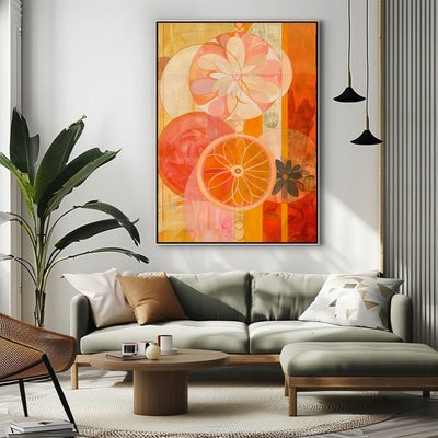 Poster wall art showing 'Eclectic Botanicals – Vivid Floral Pattern' in a living room