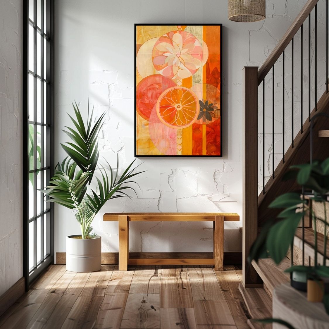 Poster wall art showing 'Eclectic Botanicals – Vivid Floral Pattern' in an entryway