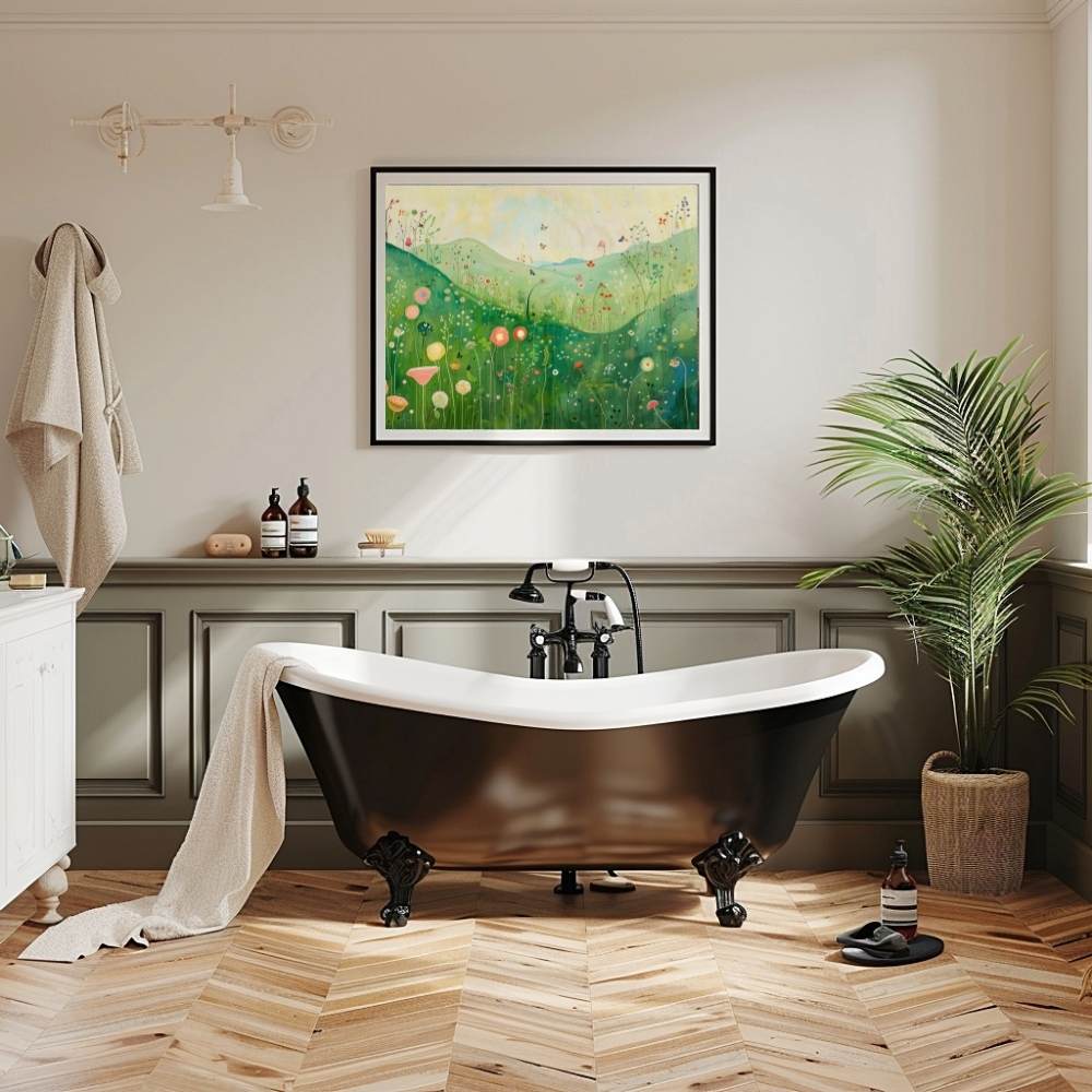 Poster wall art showing 'Enchanted Valley – Wildflowers with Butterfly Whispers' in a bathroom