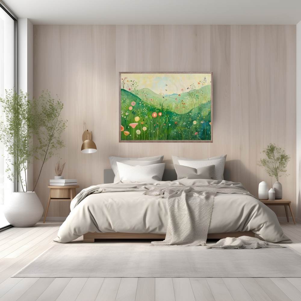 Poster wall art showing 'Enchanted Valley – Wildflowers with Butterfly Whispers' in a bedroom