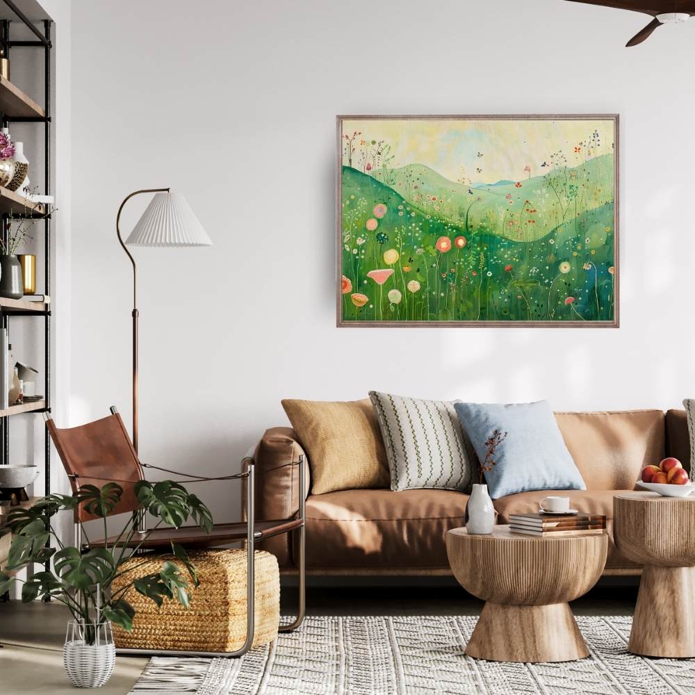 Poster wall art showing 'Enchanted Valley – Wildflowers with Butterfly Whispers' in a living room