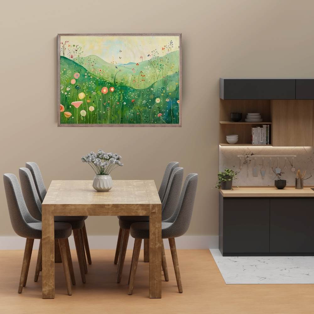 Poster wall art showing 'Enchanted Valley – Wildflowers with Butterfly Whispers' in a dining room