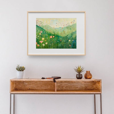 Poster wall art showing 'Enchanted Valley – Wildflowers with Butterfly Whispers' in a hallway