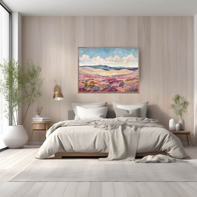 Poster wall art showing 'Ethereal Heather – Clouds Drift Over Highland Moors' in  bedroom