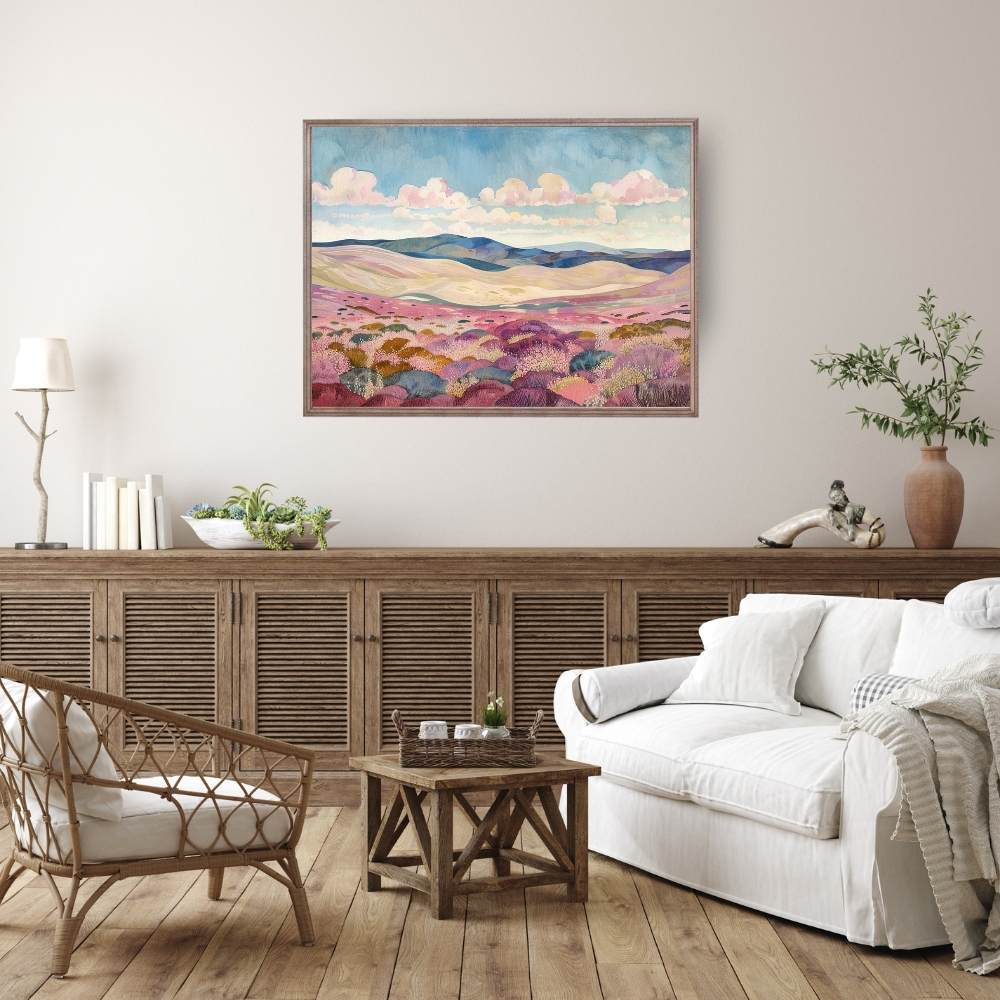 Poster wall art showing 'Ethereal Heather – Clouds Drift Over Highland Moors' in a living room