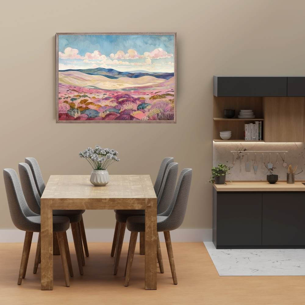 Poster wall art showing 'Ethereal Heather – Clouds Drift Over Highland Moors' in a dining room