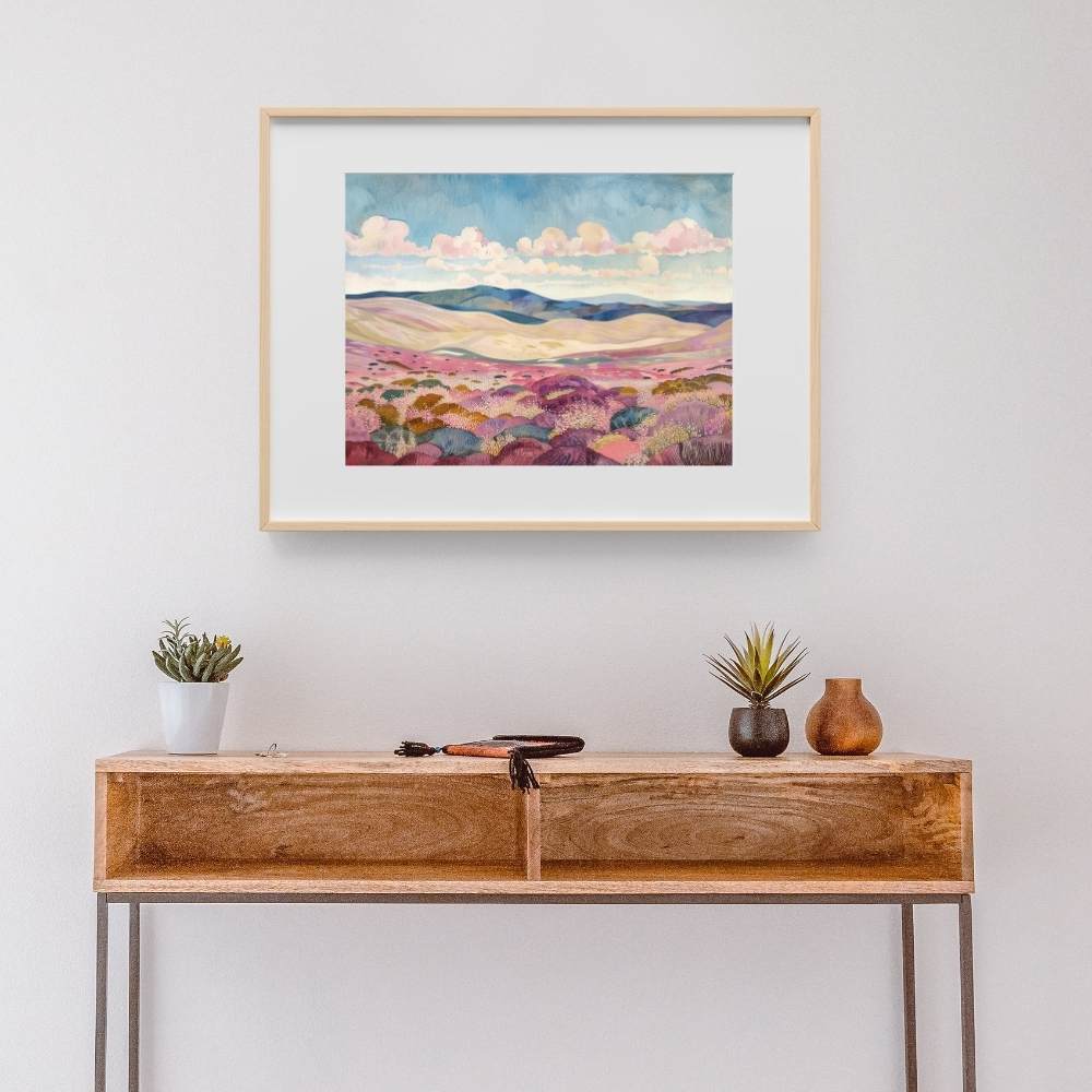 Poster wall art showing 'Ethereal Heather – Clouds Drift Over Highland Moors' in a hallway