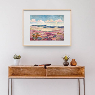 Poster wall art showing 'Ethereal Heather – Clouds Drift Over Highland Moors' in a hallway