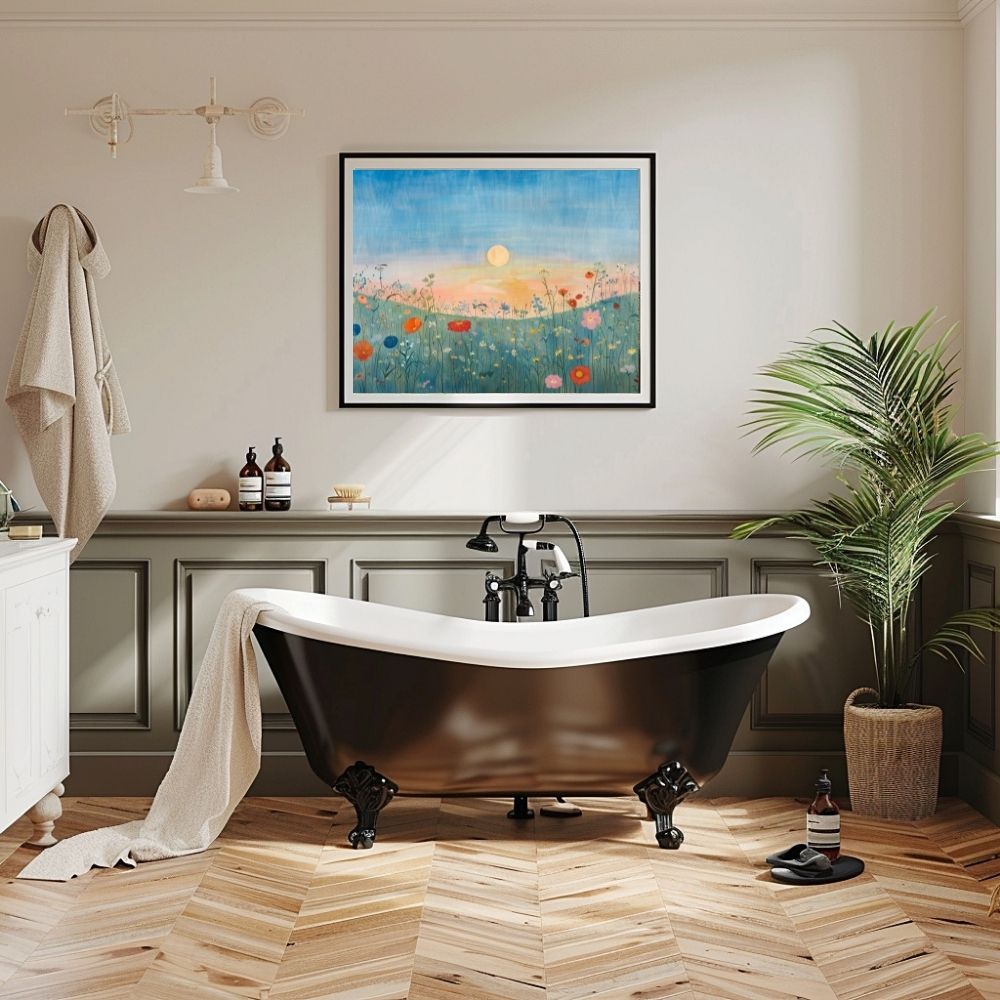 Poster wall art showing 'Evening Blossoms – Wildflowers and Blue Skies' in a bathroom