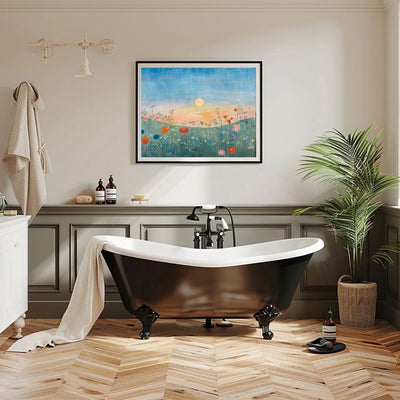 Poster wall art showing 'Evening Blossoms – Wildflowers and Blue Skies' in a bathroom