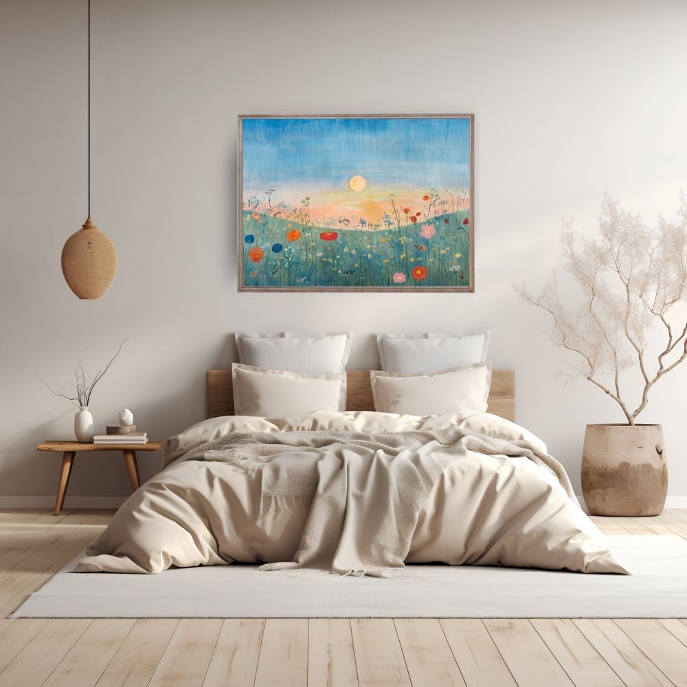 Poster wall art showing 'Evening Blossoms – Wildflowers and Blue Skies' in a bedroom