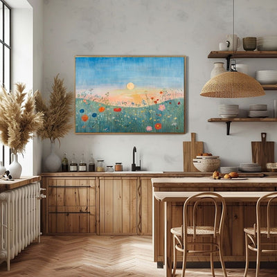 Poster wall art showing 'Evening Blossoms – Wildflowers and Blue Skies' in a kitchen