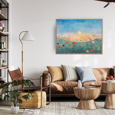 Poster wall art showing 'Evening Blossoms – Wildflowers and Blue Skies' in a living room