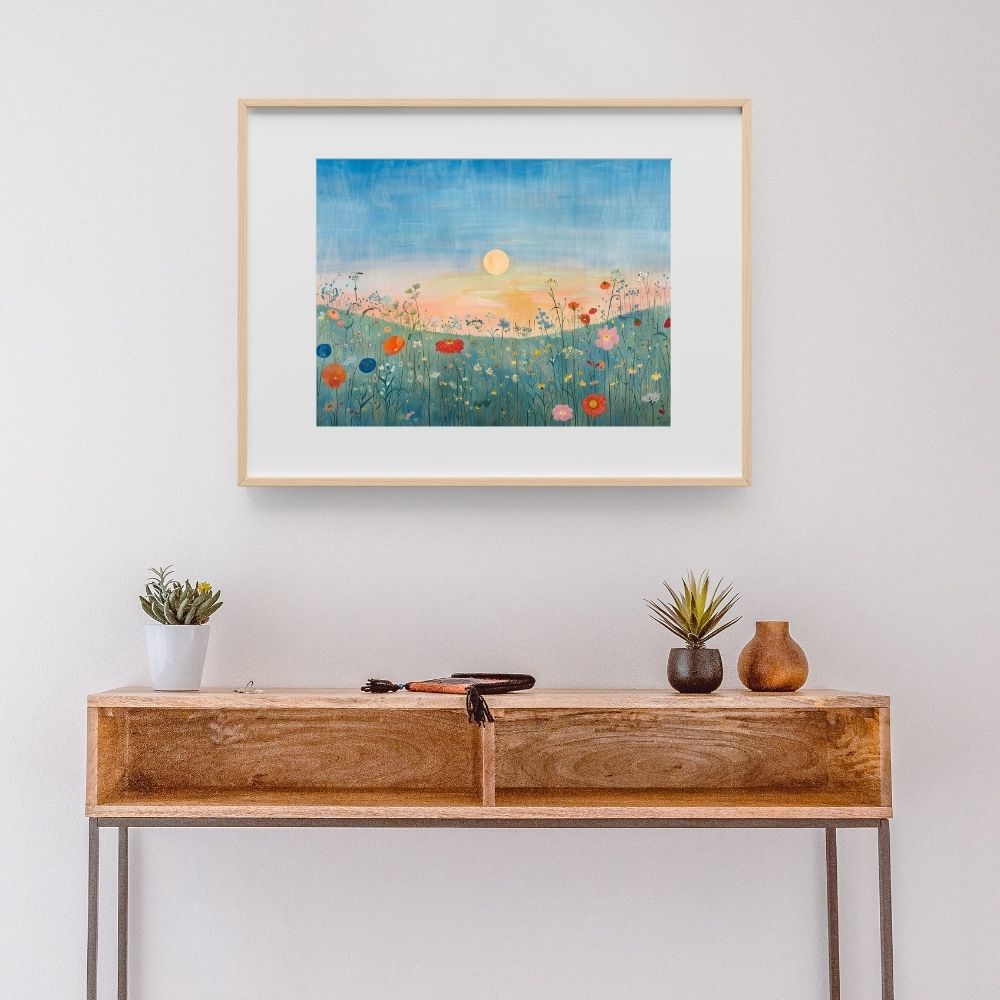 Poster wall art showing 'Evening Blossoms – Wildflowers and Blue Skies' in a hallway