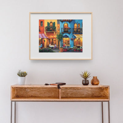 Evening Cafe Stroll with Storefronts and Balconies Printable Art