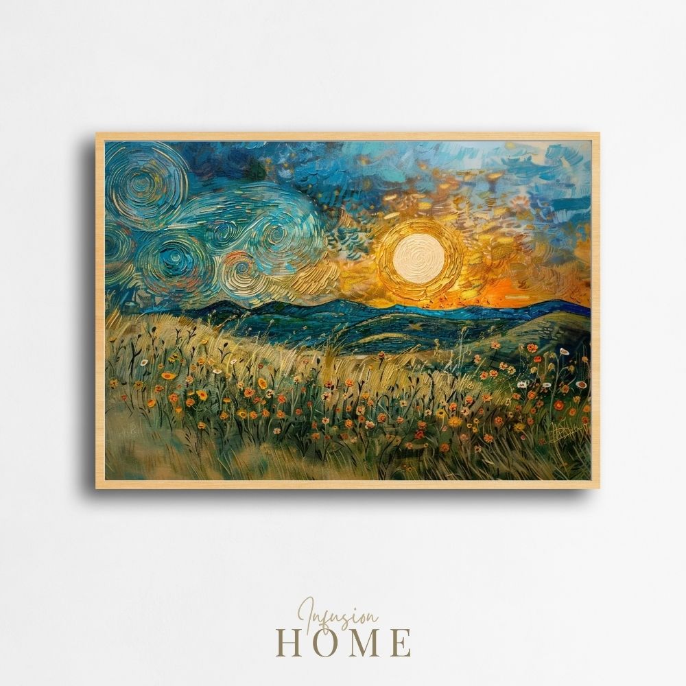 Poster wall art showing 'Evening Glow - Flower Meadows and Sunset Hills'