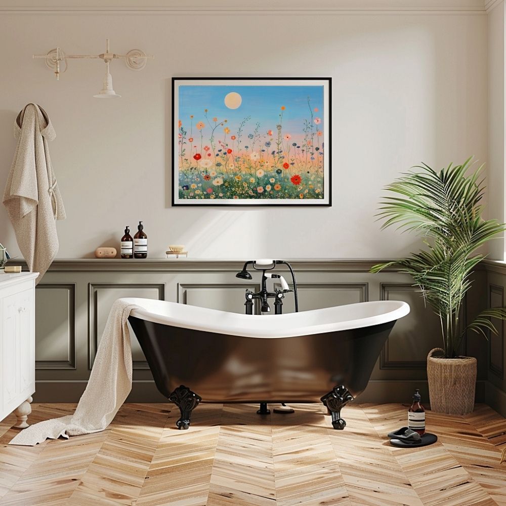 Poster wall art showing 'Field of Dreams – Sunset and Wildflowers' in a bathroom