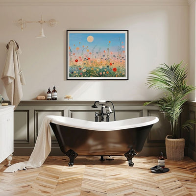 Poster wall art showing 'Field of Dreams – Sunset and Wildflowers' in a bathroom