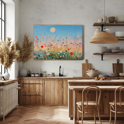 Poster wall art showing 'Field of Dreams – Sunset and Wildflowers' in a kitchen