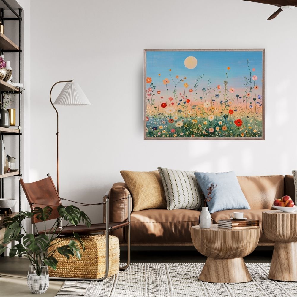 Poster wall art showing 'Field of Dreams – Sunset and Wildflowers' in a living room