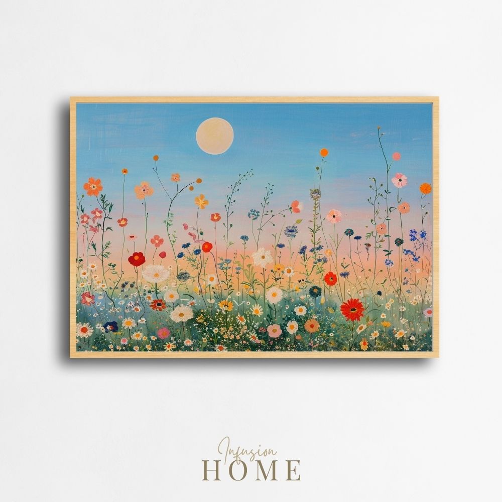 Poster wall art showing 'Field of Dreams – Sunset and Wildflowers'