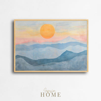 Poster wall art showing 'First Light – Misty Mountains at Sunrise'