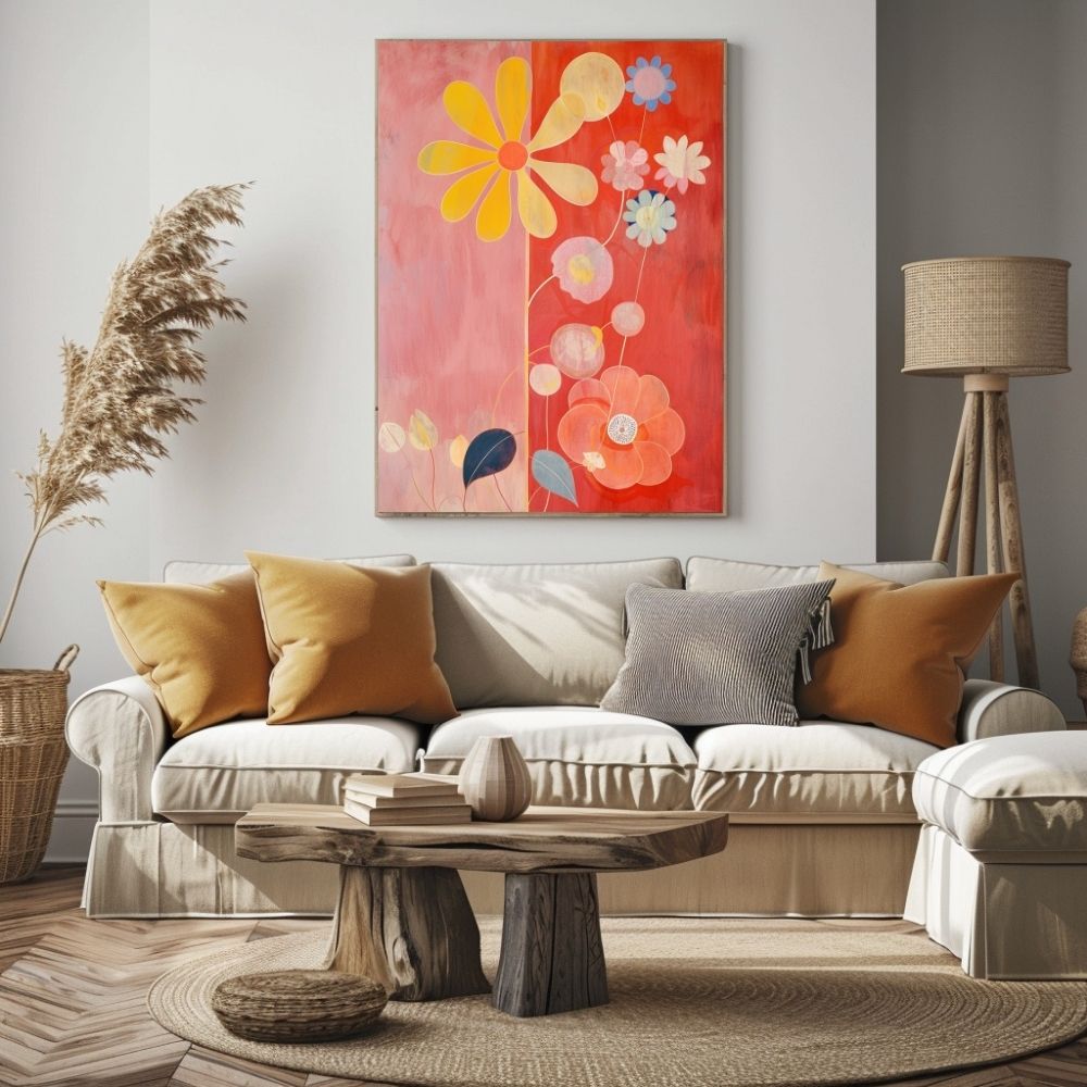 Poster wall art showing 'Floral Delight – Bright and Bold Artwork' in a boho living room