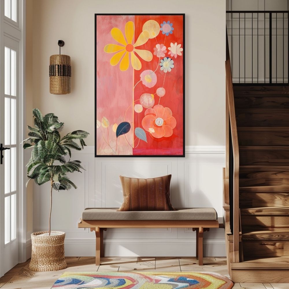 Poster wall art showing 'Floral Delight – Bright and Bold Artwork' in an entryway