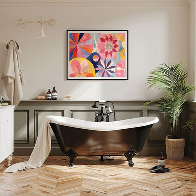 Poster wall art showing 'Floral Explosion – Bright, Bold Art Canvas' in a bathroom