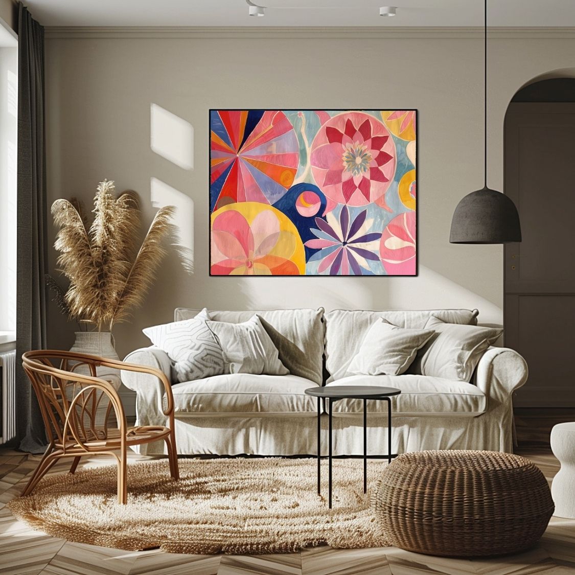 Poster wall art showing 'Floral Explosion – Bright, Bold Art Canvas' in a living room