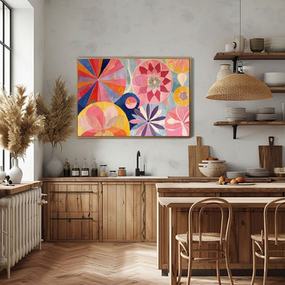 Poster wall art showing 'Floral Explosion – Bright, Bold Art Canvas' in a cozy kitchen