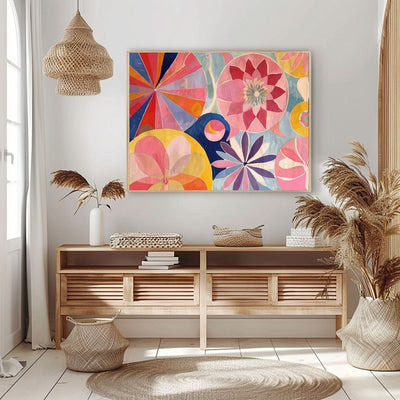 Poster wall art showing 'Floral Explosion – Bright, Bold Art Canvas' in a hallway