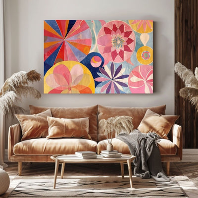 Poster wall art showing 'Floral Explosion – Bright, Bold Art Canvas' in a modern living room