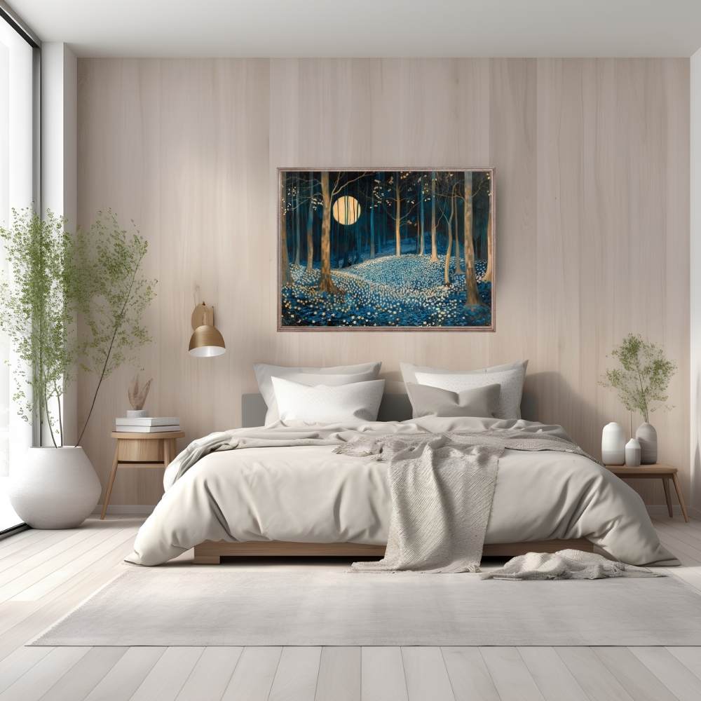 Poster wall art showing 'Floral Moonlight – A Carpet of Flowers in the Night' in a bedroom