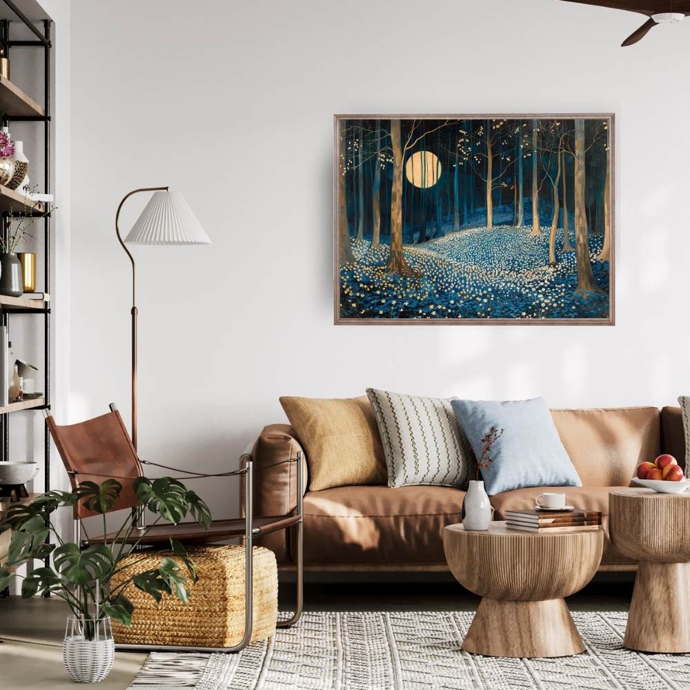 Poster wall art showing 'Floral Moonlight – A Carpet of Flowers in the Night' in a living room