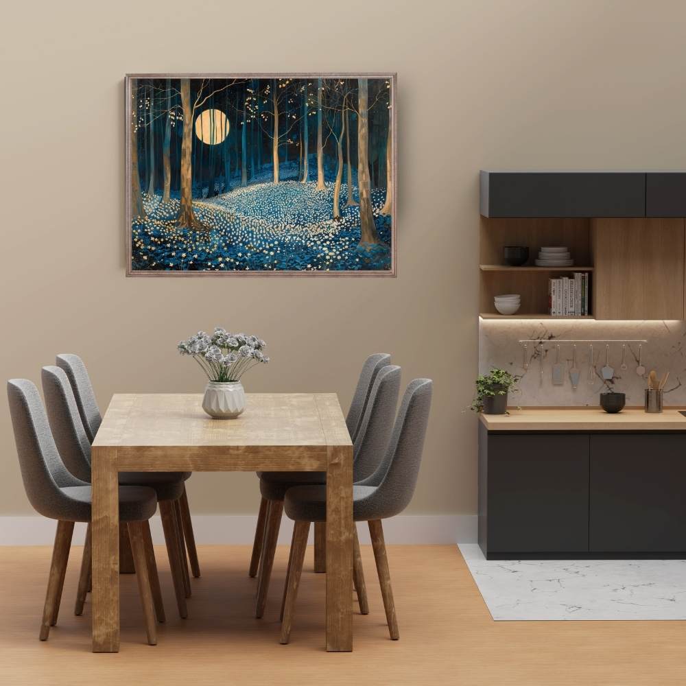 Poster wall art showing 'Floral Moonlight – A Carpet of Flowers in the Night' in a dining room