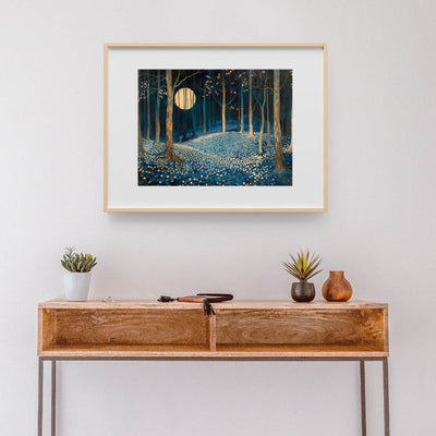 Poster wall art showing 'Floral Moonlight – A Carpet of Flowers in the Night' in a hallway