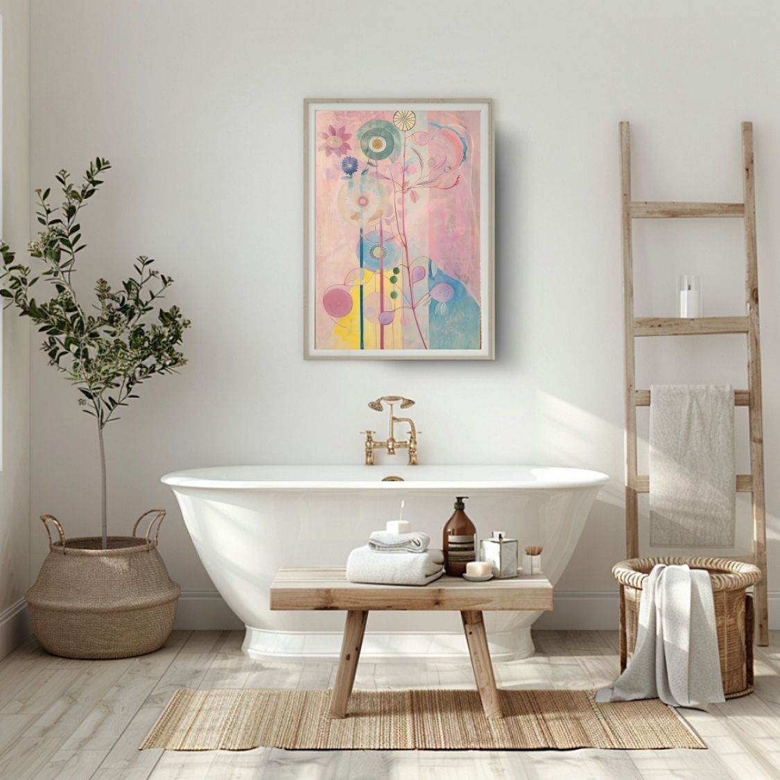 Poster wall art showing 'Floral Mystique – Pink Tones in Neutral Canvas' in a bathroom