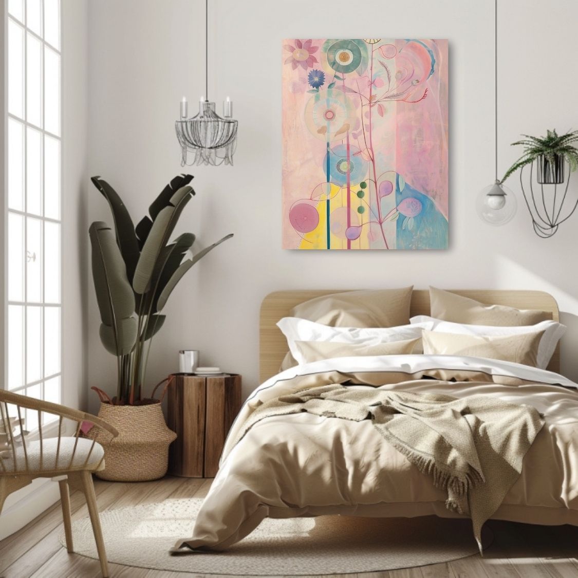 Poster wall art showing 'Floral Mystique – Pink Tones in Neutral Canvas' in a bedroom