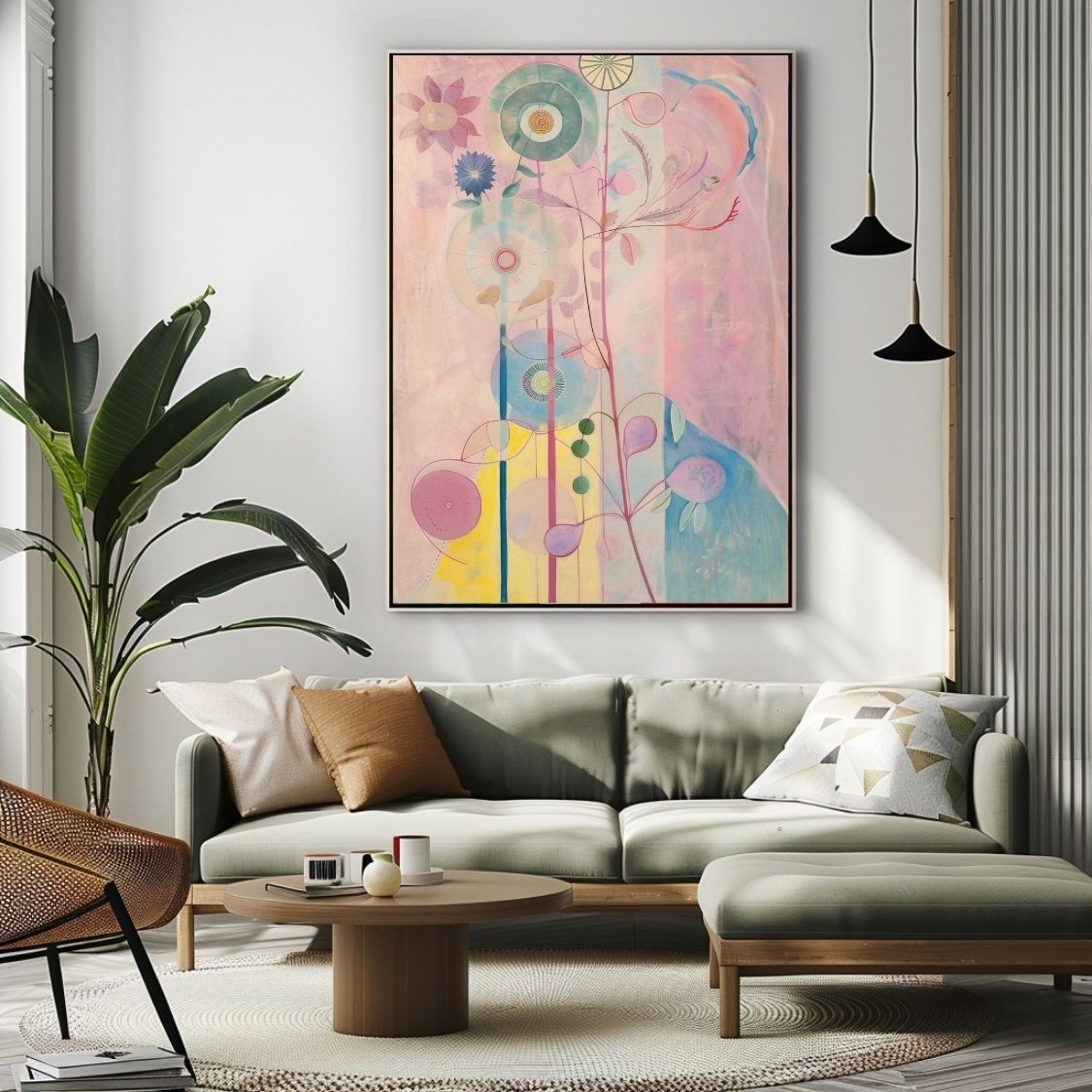 Poster wall art showing 'Floral Mystique – Pink Tones in Neutral Canvas' in a modern living room